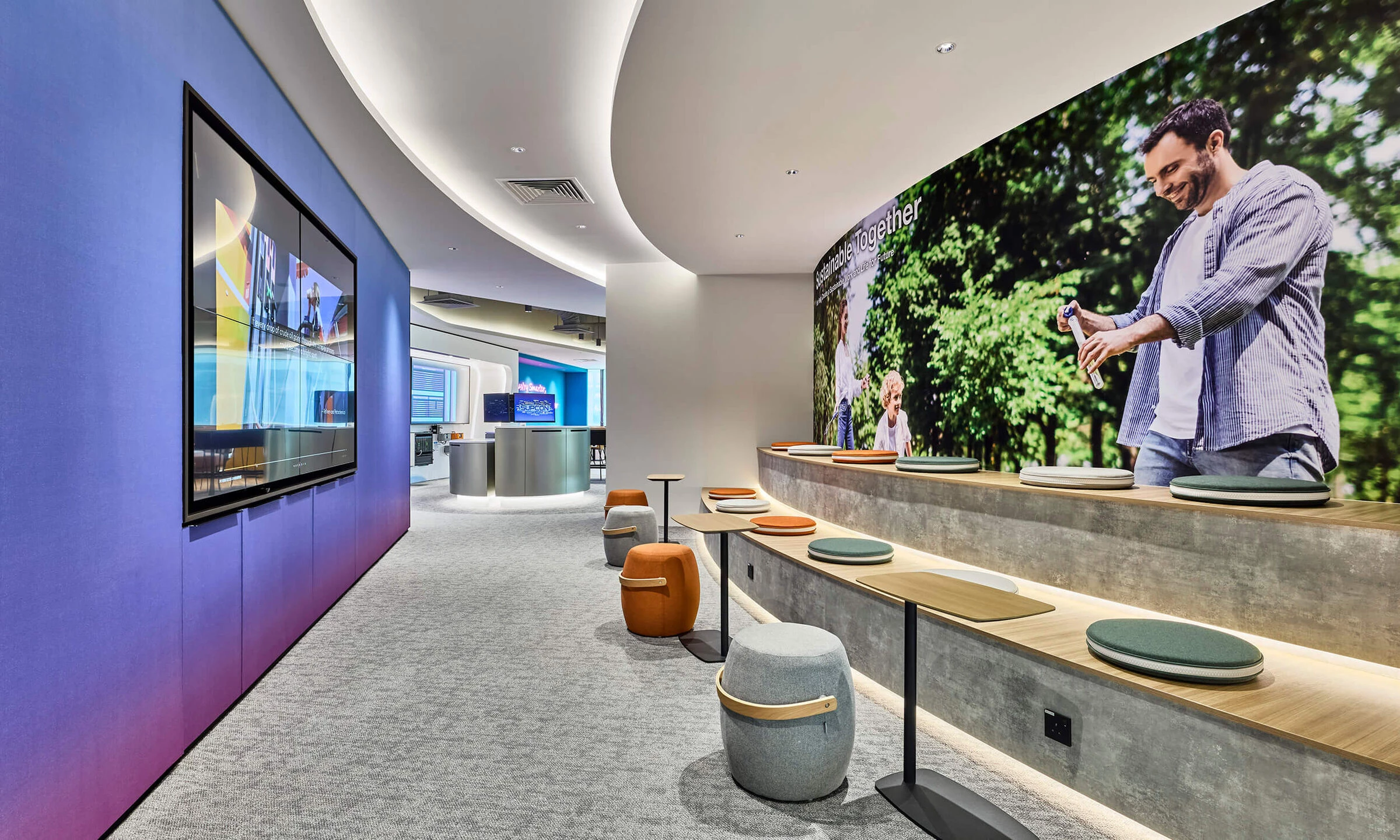 Modern office lounge area with plants